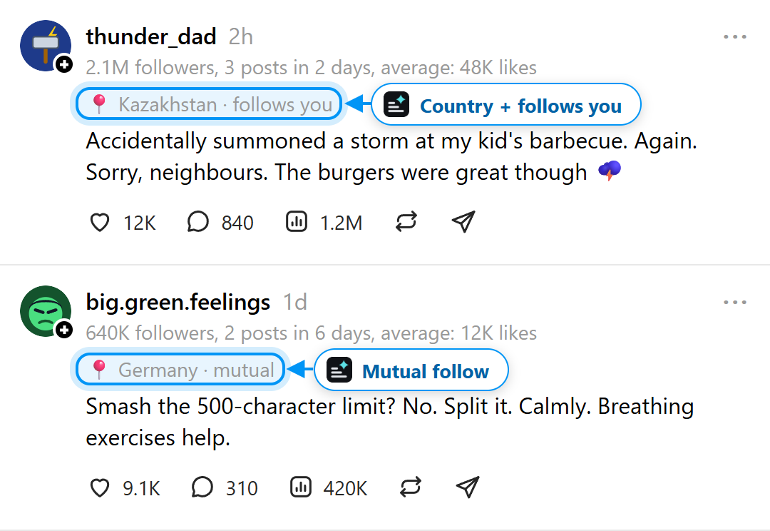 The author's country and a follows you or mutual note under the stats line