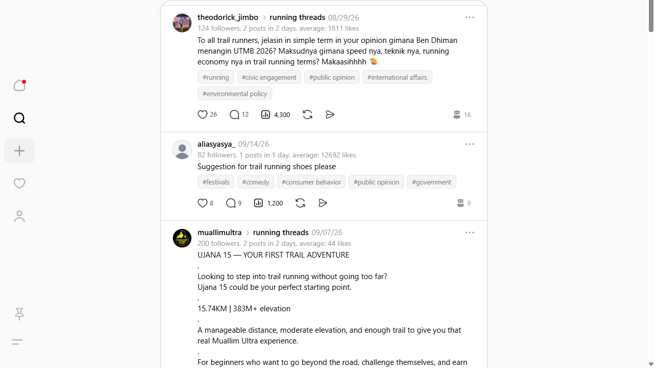 The Threads feed with a follower and average-likes line under each name, a view-count badge, account tags and an AI score on every post