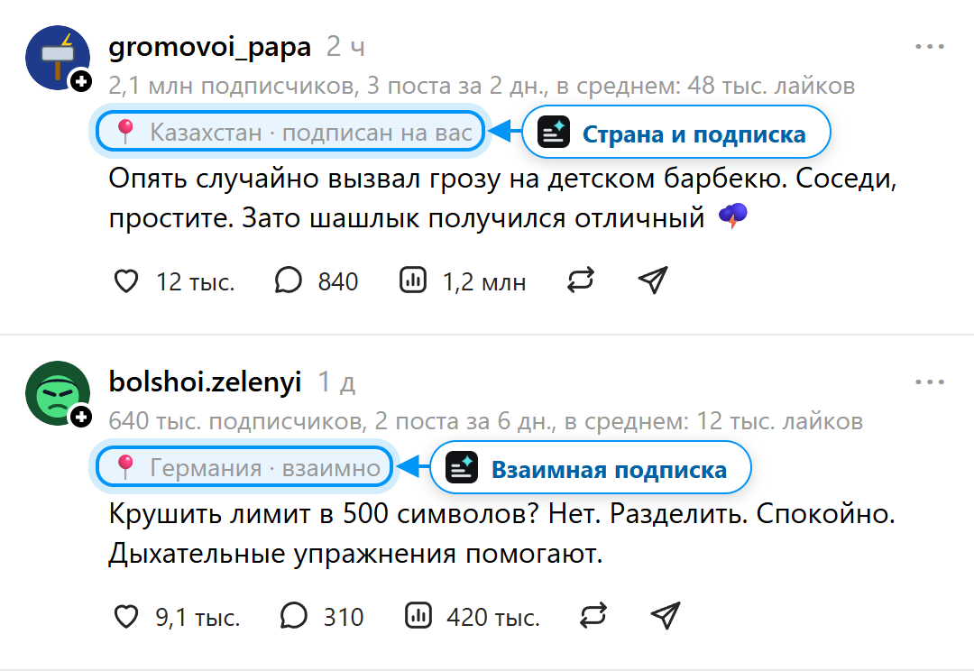 Страна автора и пометка "подписан на вас" или "взаимно" под строкой статистики